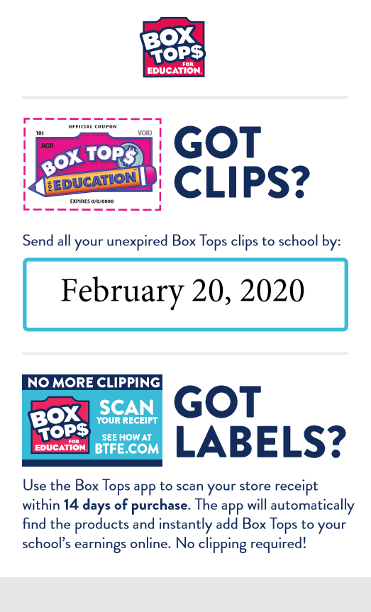 Box Tops image stating box tops are due on February 20th